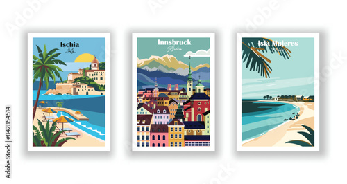 Innsbruck, Austria, Isla Mujeres, Mexico, Ischia, Italy - Vintage travel poster. Vector illustration. Poster Travel for Hikers Campers Living Room Decor