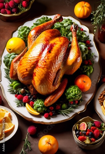 shiny roasted turkey thanksgiving dinner centerpiece crispy skin juicy meat, golden, platter, delicious, festive, holiday, poultry, traditional, cooking, meal