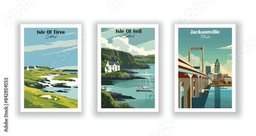 Isle Of Seil, Scotland, Isle Of Tiree, Scotland, Jacksonville, Florida - Vintage travel poster. Vector illustration. Poster Travel for Hikers Campers Living Room Decor