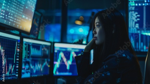 This is a portrait of a female financial analyst working on a computer with multiple monitors and real-time stock charts. She is working in an investment brokerage agency. © Maxim Borbut