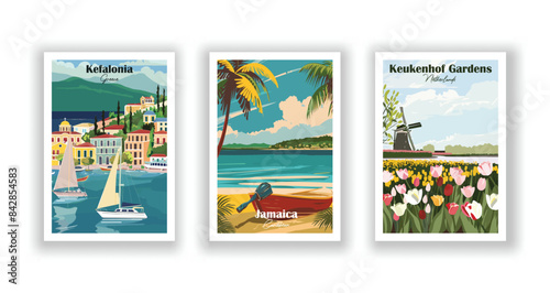 Jamaica, Caribbean, Kefalonia, Greece, Keukenhof Gardens, Netherlands - Vintage travel poster. Vector illustration. Poster Travel for Hikers Campers Living Room Decor