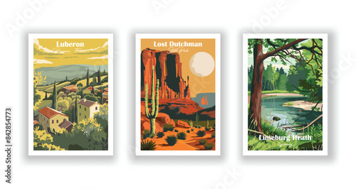 Lost Dutchman, State Park, Luberon, Provence, France, Lüneburg Heath, Germany - Vintage travel poster. Vector illustration. Poster Travel for Hikers Campers Living Room Decor