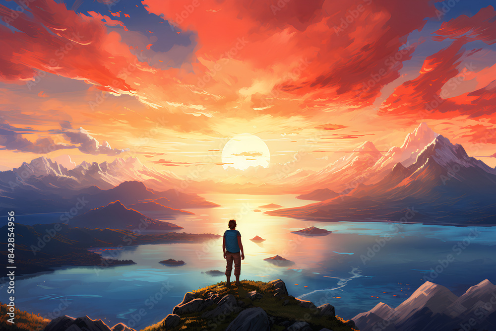 A zoomed out Illustration of the view from behind of Man Standing On Top Of A Mountain overlooking a deep blue sea at sunset A zoomed out Illustration of the view from behind of Man Standing On Top Of A Mountain overlooking a deep blue sea at sunset
