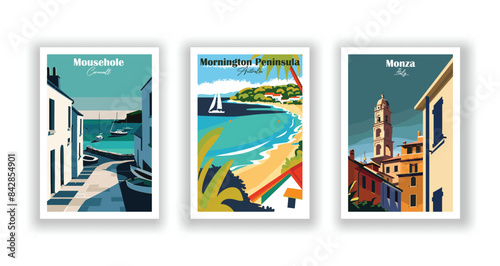 Monza, Italy, Mornington Peninsula, Australia, Mousehole, Cornwall - Vintage travel poster. Vector illustration. Poster Travel for Hikers Campers Living Room Decor