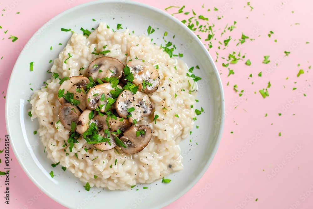 Creamy Mushroom Risotto With Fresh Parsley on a Pink Background Creamy Mushroom Risotto With Fresh Parsley on a Pink Background