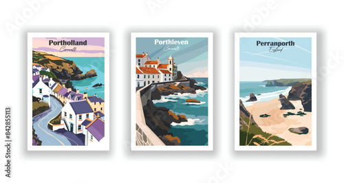 Perranporth, England,  Porthleven, Cornwall, Portholland, Cornwall - Vintage travel poster. Vector illustration. Poster Travel for Hikers Campers Living Room Decor photo