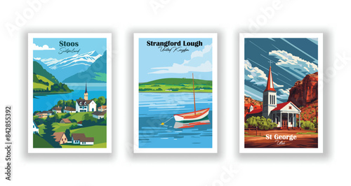St George, Utah, Stoos, Switzerland, Strangford Lough, United Kingdom - Vintage travel poster. Vector illustration. Poster Travel for Hikers Campers Living Room Decor