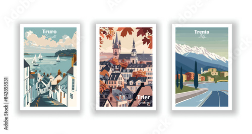 Trento, Italy, Trier, Germany, Truro, Cornwall - Vintage travel poster. Vector illustration. Poster Travel for Hikers Campers Living Room Decor