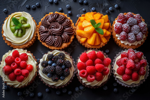 Top view of delicious tartlets with different fresh berries and cream on black, sweet dessert