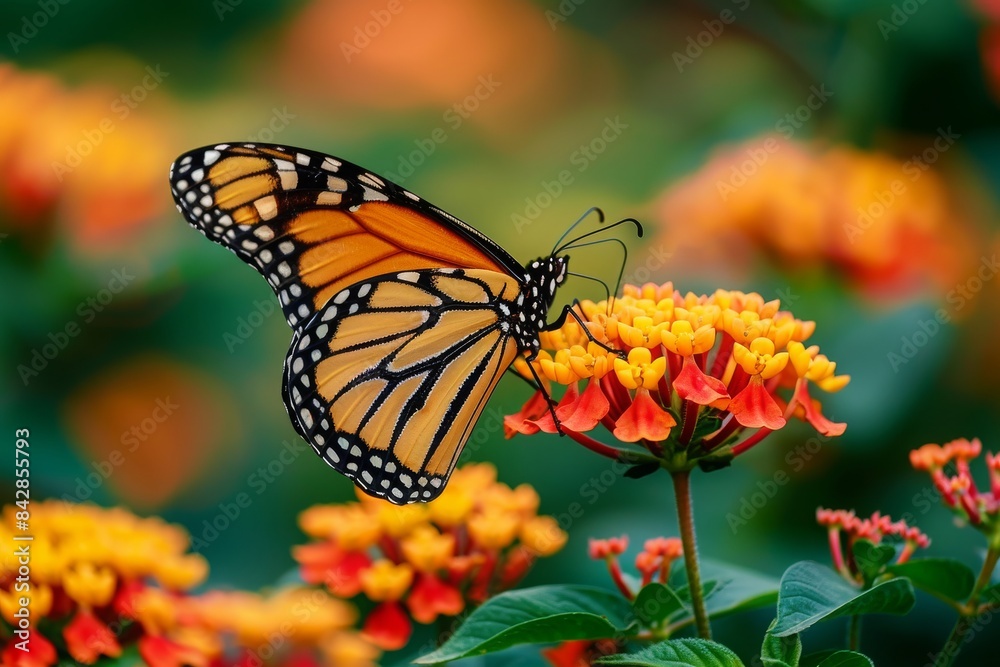 Fototapeta premium A beautiful image in nature of a monarch butterfly on a lantana flower, summer