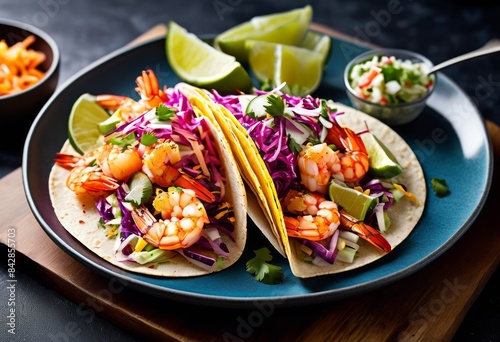 vibrant spicy shrimp tacos colorful slaw plate, fresh, crispy, healthy, flavorful, delicious, tasty, savory, aromatic, fiery, zesty, refreshing, juicy