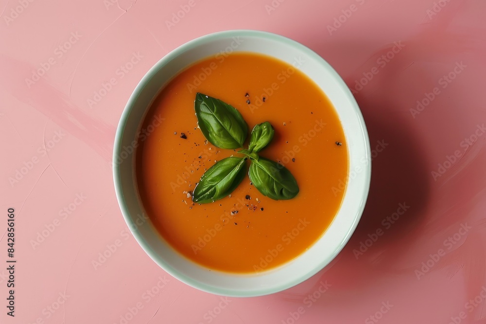 A Bowl of Creamy Tomato Soup Garnishes With Fresh Basil on a Pink Background A Bowl of Creamy Tomato Soup Garnishes With Fresh Basil on a Pink Background