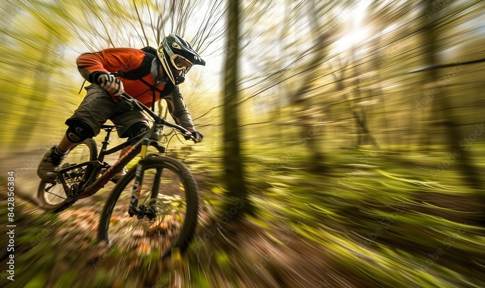 Naklejka premium Downhill mountain bike. Man cyclist riding bicycle