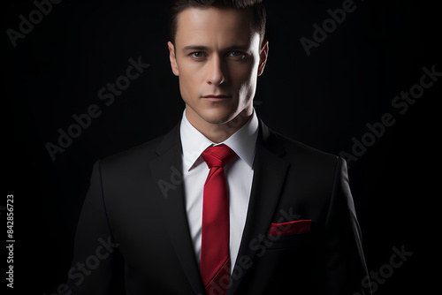 A business man with a black suit and a red tie over a white shirt