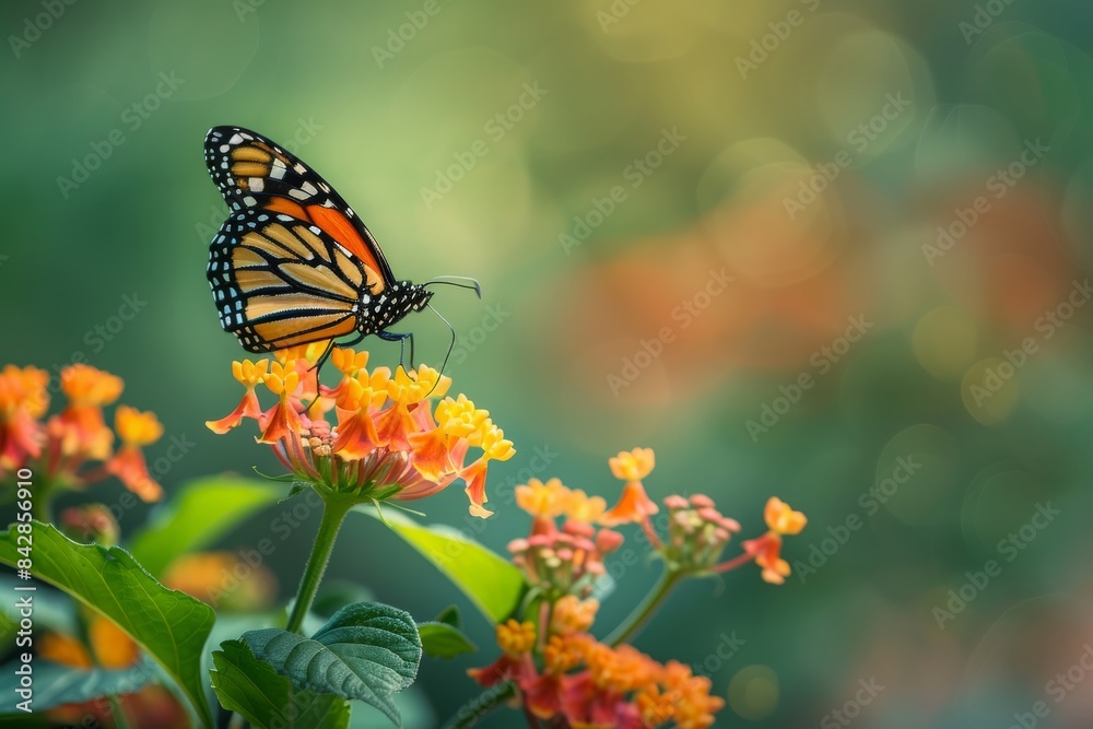 A beautiful image in nature of a monarch butterfly on a lantana flower, summer A beautiful image in nature of a monarch butterfly on a lantana flower, summer