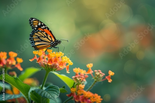 A beautiful image in nature of a monarch butterfly on a lantana flower  summer