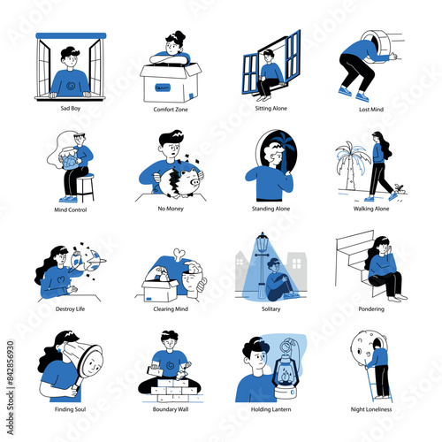 Set of Solitude Hand Drawn Mini Illustrations 

