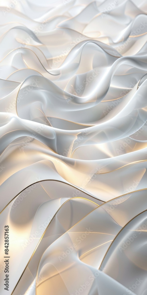 The image showcases a serene, abstract arrangement of smooth, translucent white fabric-like waves, gently illuminated by soft golden light, creating a fluid, graceful visual effect. The image showcases a serene, abstract arrangement of smooth, translucent white fabric-like waves, gently illuminated by soft golden light, creating a fluid, graceful visual effect.