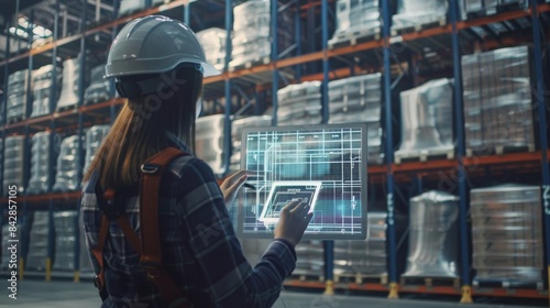 The future of technology warehouse concept. Woman uses augmented reality application on tablet to do inventory, analyzing digitalized products delivery infographics in distribution center. © Maxim Borbut