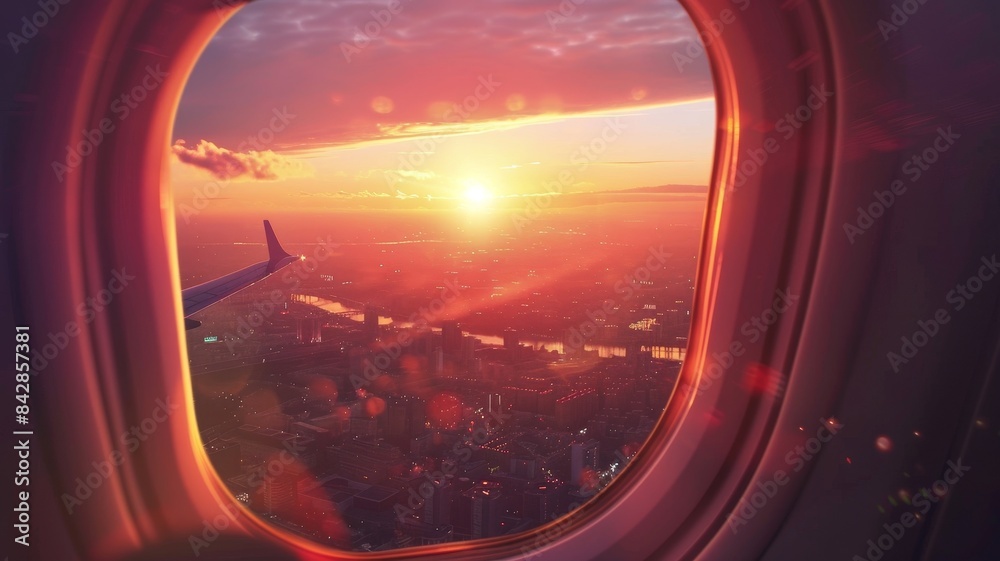 A plane window view during takeoff, with a vibrant sunrise on the horizon and the city below A plane window view during takeoff, with a vibrant sunrise on the horizon and the city below