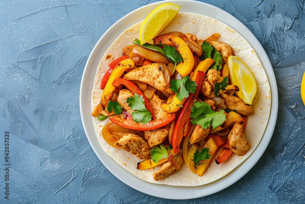 A Colorful Plate of Chicken Fajitas With Peppers and Onions, Ready to Be Enjoyed A Colorful Plate of Chicken Fajitas With Peppers and Onions, Ready to Be Enjoyed