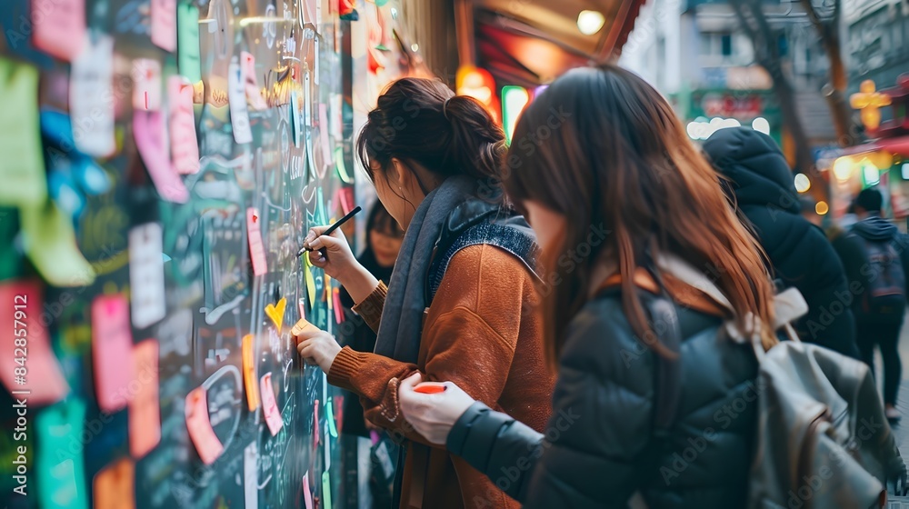 Community Members Writing Positive Messages on a Kindness Wall in a Public Space Community Members Writing Positive Messages on a Kindness Wall in a Public Space