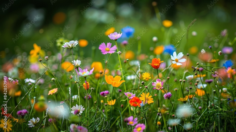 Meadow flowers with a variety of colorful blooms in a green field Meadow flowers with a variety of colorful blooms in a green field