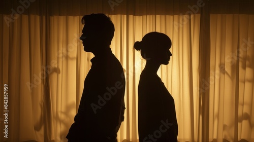 Silhouette of a couple standing back-to-back, their body language conveying tension and disagreement, hinting at marital discord and the potential for separation