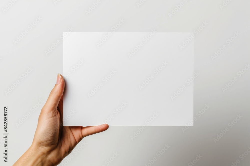 Blank paper mockup on hand created with generative AI Blank paper mockup on hand created with generative AI
