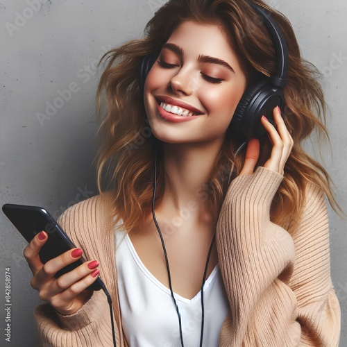  Technology, lifestyle and music concept. Portrait of pleased and relaxed young woman vibing and chilling as listening favorite song in headphones, hold mobile phone, smile and close eyes photo