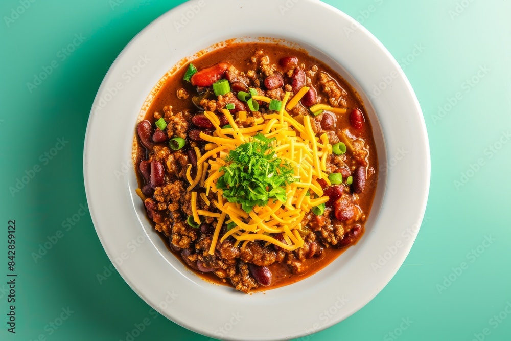 A Bowl of Cheesy Chili With Green Onions and Parsley on a Turquoise Table A Bowl of Cheesy Chili With Green Onions and Parsley on a Turquoise Table