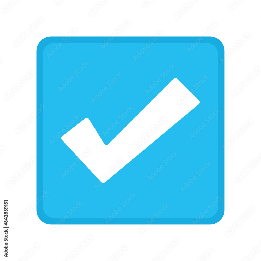 Blue positive vote button with checkmark accept complete task badge vector illustration. Success confirmation logotype keypad agree approved check mark. Done checkbox. Tick button emoji icon. Blue positive vote button with checkmark accept complete task badge vector illustration. Success confirmation logotype keypad agree approved check mark. Done checkbox. Tick button emoji icon.