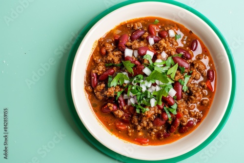 A Bowl of Hearty Chili With Ground Beef, Red Beans, and Parsley on a Teal Background