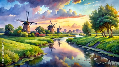 A Beautiful Landscape Painting Of A River Flowing Through A Green Field With Windmills In The Background. photo