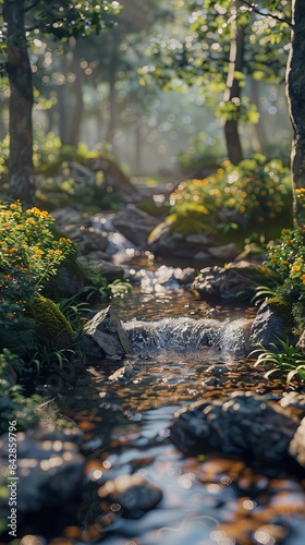 A tranquil forest stream, realistic.