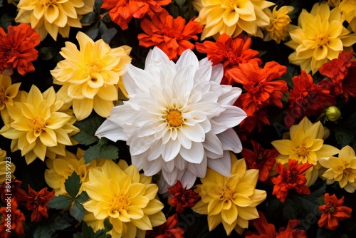 A vibrant assortment of colorful dahlia flowers in full bloom including white, yellow, and orange petals, creating a captivating floral display.