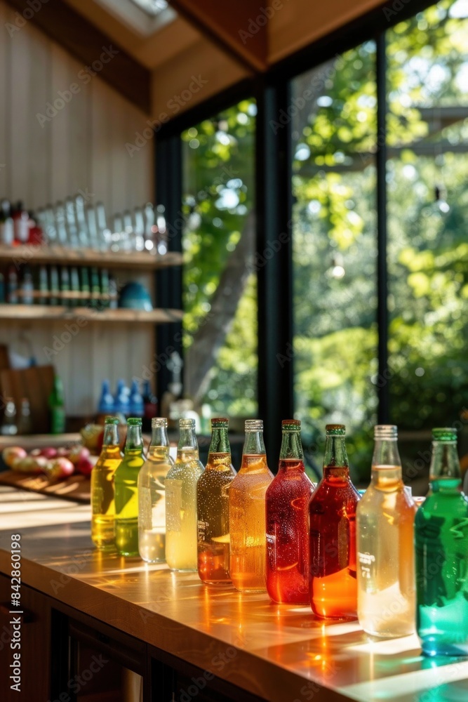 A row of colorful soda bottles on a sunlit wooden counter, with a backdrop of a bright and airy room featuring large windows and a view of lush greenery outside. A row of colorful soda bottles on a sunlit wooden counter, with a backdrop of a bright and airy room featuring large windows and a view of lush greenery outside.