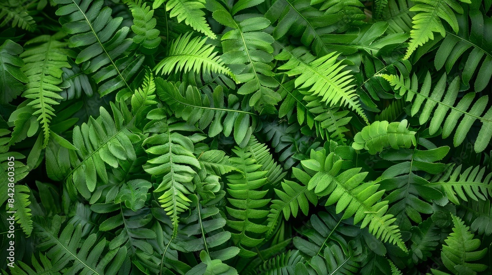 Textured overhead shot of multiple fern leaves creating a rich tapestry of green, emphasizing pattern and biodiversity