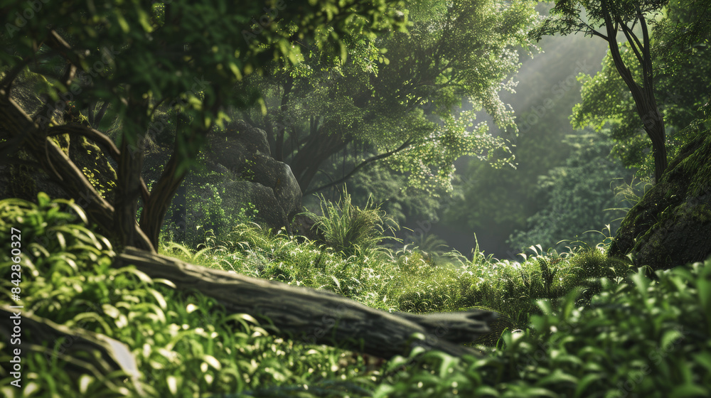 Fototapeta premium Dappled sunlight streams through a lush, green forest, highlighting the dense vegetation and creating a magical light and shadow effect.