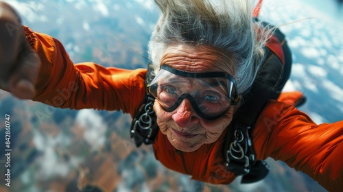 Captures the thrill of a freefalling skydiver from a close, dynamic angle with earth below photo