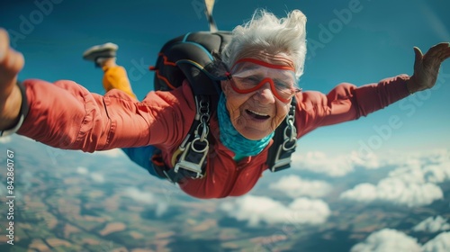 A heart-pounding image of a skydiver with arms extended, freefalling above an earthy landscape photo