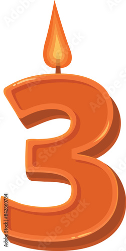 Orange number three candle burning for a third birthday party celebration