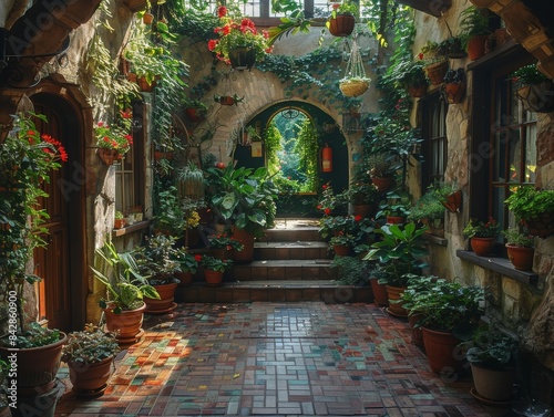A lush indoor garden filled with potted plants and hanging vines.