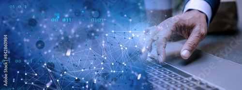 Human and Robotic Hands Reaching Out in a Symbolic Gesture of Technology and Data Management Connection