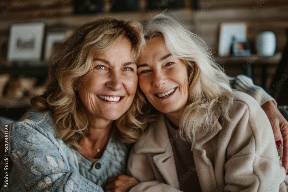 Happy blonde elderly mom and young daughter woman posing at home, looking at camera with toothy smiles, laughing, hugging, enjoying warm family relationship, bonding. Head shot portrait Happy blonde elderly mom and young daughter woman posing at home, looking at camera with toothy smiles, laughing, hugging, enjoying warm family relationship, bonding. Head shot portrait