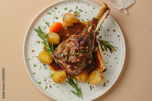 Obraz na płótnie A Delectable Roasted Lamb Shank Dinner With Aromatic Herbs and Roasted Vegetables w salonie