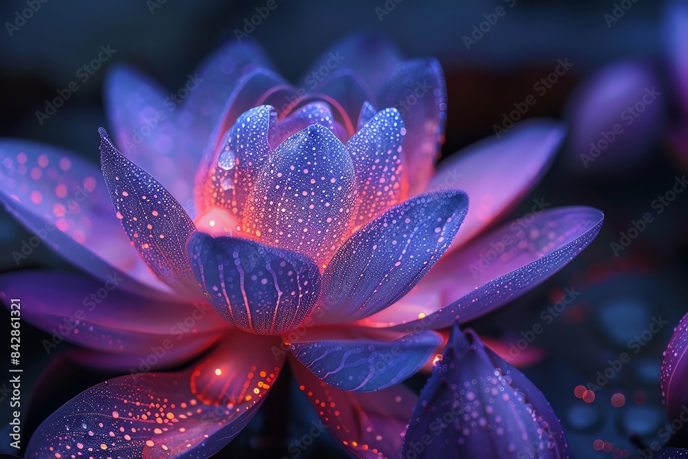 A vibrant purple lotus flower with dew droplets, illuminated by a soft light A vibrant purple lotus flower with dew droplets, illuminated by a soft light