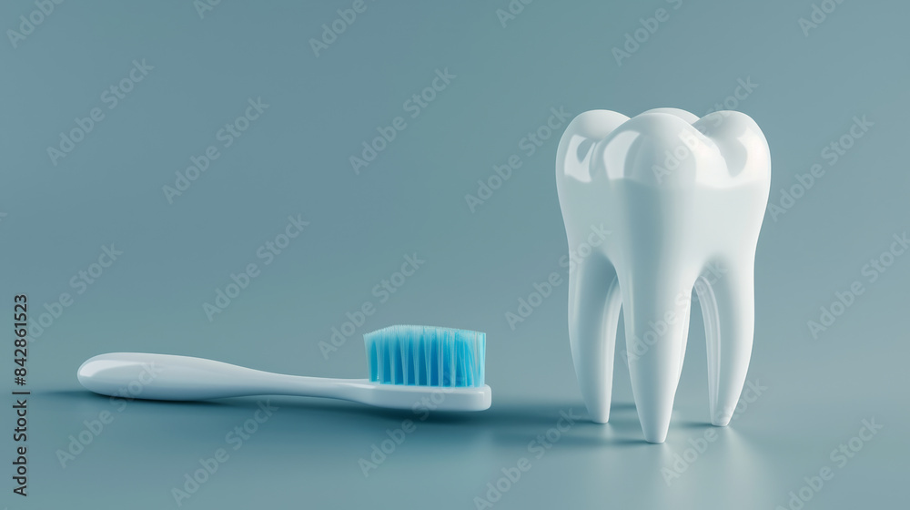 A large tooth model stands next to a blue toothbrush against a clean, minimalist background, symbolizing dental hygiene and health awareness. A large tooth model stands next to a blue toothbrush against a clean, minimalist background, symbolizing dental hygiene and health awareness.