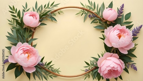 A circular frame made of interwoven peonies, lavender, and eucalyptus leaves, with a light pastel background, providing a fresh and sophisticated space for text.