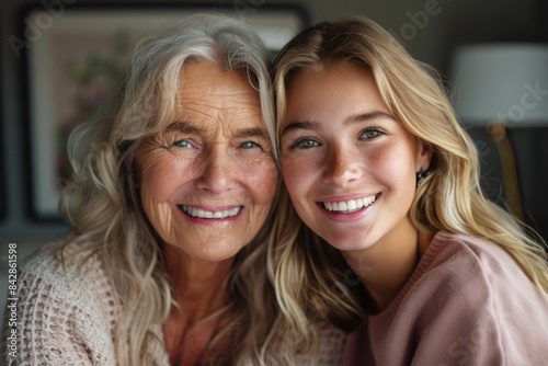 Happy blonde elderly mom and young daughter woman posing at home, looking at camera with toothy smiles, laughing, hugging, enjoying warm family relationship, bonding. Head shot portrait